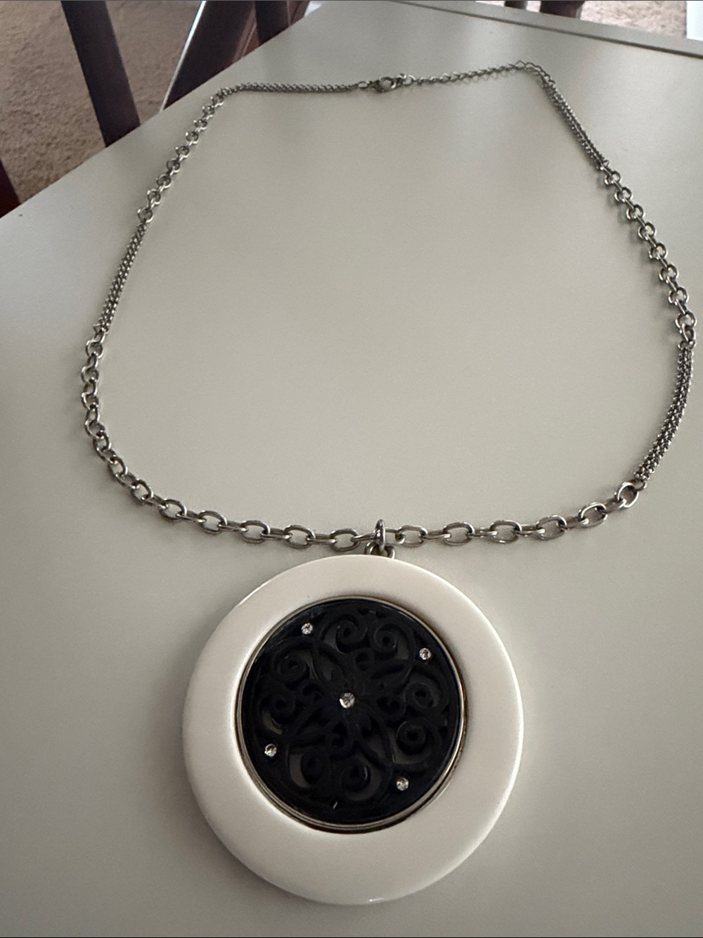 Silver Chain Necklace with White and Black Round Pendant